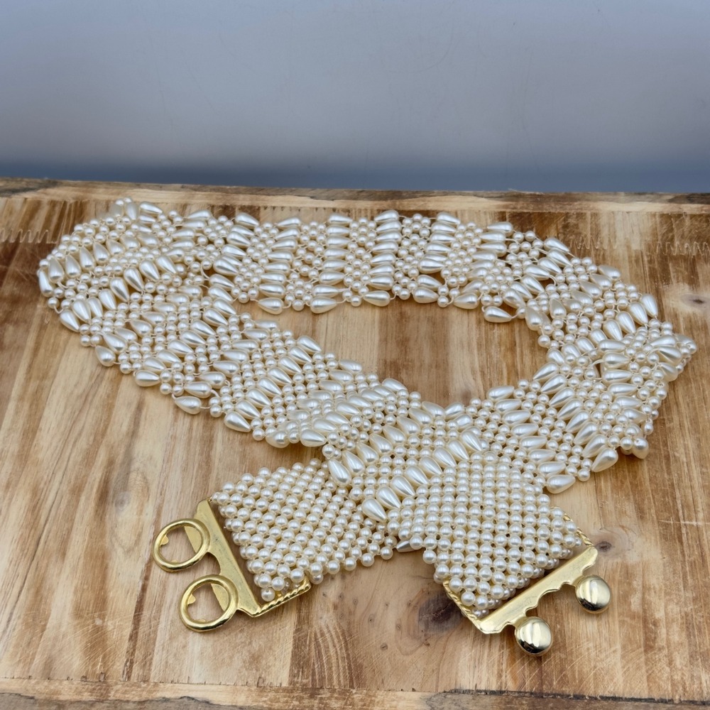Vintage Faux Pearl Belt Cream Woven Elastic Gold Clasp 31 Inch Waist Statement
